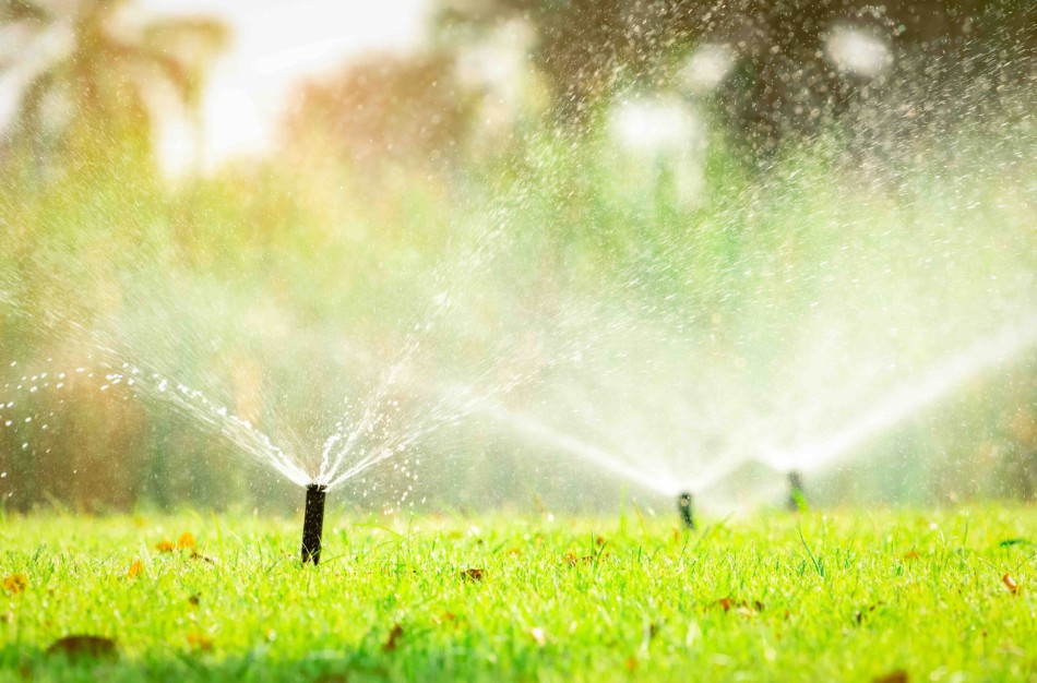 sprinkler system spraying out water over golf course