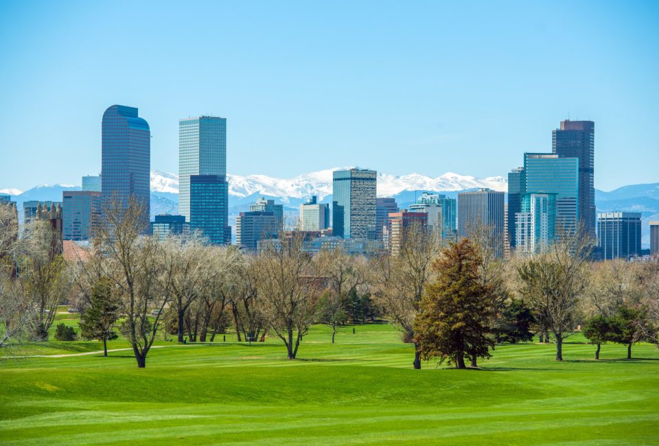 Denver skyline with the Rocky Mountains in the background